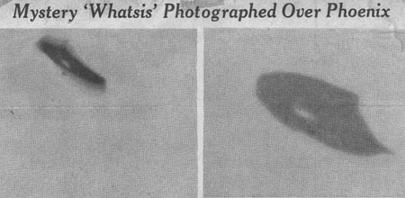 Two different frames of box camera photographs taken by William A. Rhodes  of unidentified aerial object seen at dusk on Monday, July 7, 1947 over his Phoenix, Arizona home and printed upside down on front page of the July 9, 1947 edition of The Arizona Republic  © 1947 by William A. Rhodes. The rear curvature inward is very similar to sketches by some retired military men who claim firsthand knowledge of craft of unknown origin.