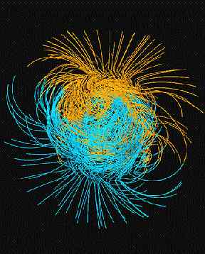 Computer-generated snapshot of lines of force in the Earth's magnetic field beginning at the Earth's surface from where they penetrate smoothly into the insulating mantle. The structure changes dramatically in the liquid core below the mantle where the magnetic field is generated by the convection of the core's melted iron. Graphic courtesy Gary A. Glatzmaier, EE-IGPP, Los Alamos National Laboratory and Paul Roberts, University of California-Los Angeles.