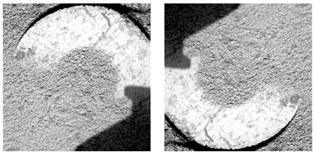 Left photo: Reversed 180 degrees from images posted at NASA website in right photo. Taken by Spirit rover Microscopic Imager Non-linearized full frame EDR acquired on Sol 65 of Spirit's mission in Gusev Crater at approximately at approximately 11:21:10 Mars local solar time. Images credit: NASA/JPL/Cornell/USGS. To see original images, go to sol 65: http://marsrovers.jpl.nasa.gov/gallery/all/spirit.html 