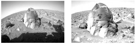 Left: Spirit rover approaches big Martian rock called "Humphrey" to dust off in triad pattern and analyze before grinding. Right: Triad pattern after Spirit's dusting shows dark rock beneath lighter dust. Images by Front Hazard Camera Non-linearized Full frame EDR acquired on Sol 55 of Spirit's mission to Gusev Crater at approximately 13:48:37 Mars local solar time. Image credit: NASA/JPL. 