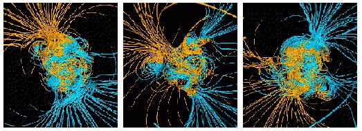 Earth's magnetic dipole undergoing a magnetic field reversal as shown in computer simulation produced by Gary A. Glatzmaier, Ph.D. North magnetic field lines are in gold. South magnetic field lines are in turquoise. Currently magnetic field lines have been coming out of the south pole and entering the north pole of the earth for 780,000 years.