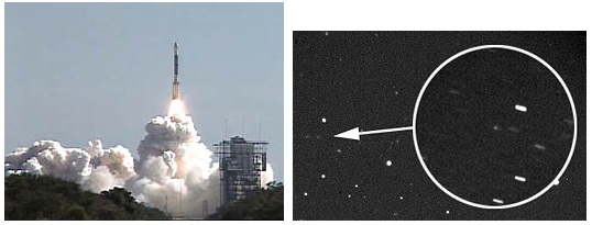 Left: Deep Impact lifted off at 1:47:08.574 PM ET from pad 17-B at Cape Canaveral Air Force Station, Florida, bound for  Comet Tempel 1. Image courtesy NASA. Right: Arrow points to Comet Tempel 1 photographed on December 11, 2004, by Observatorio de Begues, Spain. The plan is to blow a hole in the comet on July 4, 2005, to see what it's made of. Image from Observatorio de Begues. 