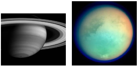 Above: Ringed Saturn has 33 moons reported as of August, 2004. Below: Titan is Saturn's biggest moon and second largest moon in the Solar System (after Jupiter's Ganymede). It is larger than the planets, Mercury and Pluto. Titan has a thick atmosphere (mostly nitrogen with some methane) and an atmospheric pressure of 1.6 bars (60 percent greater than the Earth's). This atmosphere with its heavy clouds obscures the moon's surface. It may rain liquid methane. The surface temperature is about -178°C = -289°F. Images courtesy NASA/JPL.
