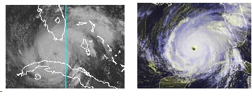 Left: Tropical storm Rita quickly became Cat 1 hurricane by Tuesday morning, September 20, 2005,  from a tropical depression on Saturday. Right: Then intensified rapidly to a Category 5 on Wednesday,  September 21, 2005. Satellite images courtesy NOAA.