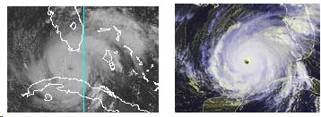 Left: Tropical storm Rita quickly became Cat 1 hurricane by Tuesday morning, September 20, 2005, from a tropical depression on Saturday. Right: Then intensified rapidly to a Category 5 on Wednesday, September 21, 2005. Satellite images courtesy NOAA.