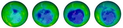 Left to right: By decades, ozone depletion over Antarctica on August 31, 1979, 1989, 1999 and August 16, 2006. Images courtesy NASA.