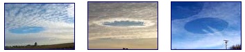 Mysterious cloud holes. Left: Stavely, Alberta, Canada. Middle: Derbyshire, England. Right: Nashville, Tennessee.