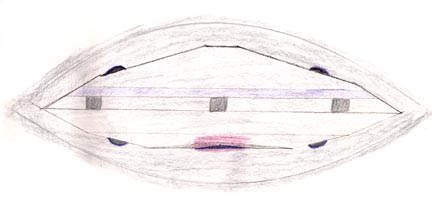 Drawing of the craft that farmer Urandir Oliveira remembers consciously approaching during his September 15, 2002, abduction from his Corguinho, Brazil bedroom. The same violet light that filled his room and paralyzed Urandir was also in the bottom of the craft where he entered. Drawings © 2003 by Earthfiles.com.