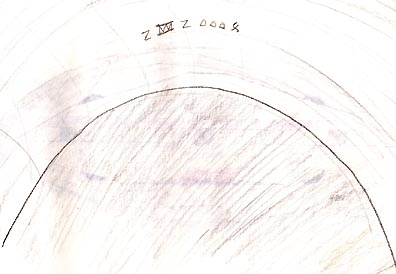Sketch for Linda Moulton Howe by Urandir Oliveira depicting "cosmic ship" as Z VV Z, followed by the four characters that Urandir interprets as the year 2004. But he does not understand the significance of the date's link to the blond being's craft.