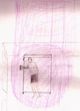 Drawings for Linda Moulton Howe by Urandir Oliveira  on February 9, 2003, of non-human craft, decontamination bubble  and violet-colored transport beam, © 2003 by Earthfiles.com.