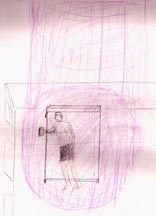 Drawings for Linda Moulton Howe by Urandir Oliveira on February 9, 2003, of non-human craft, decontamination bubble and violet-colored transport beam, © 2003 by Earthfiles.com.