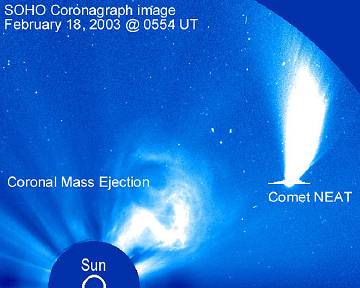 Large Angle Spectrometric Coronograph (LASCO) aboard  the Solar and Heliospheric Observatory (SOHO) satellite captured this  image of the sun's ejection of a large plasma toward the approaching Comet NEAT  on February 18, 2003 at 05:54 Universal Time. The head of the comet was estimated  to be 100,000 kilometers in diameter (62,150 miles). Image courtesy of NASA/SOHO/JPL.