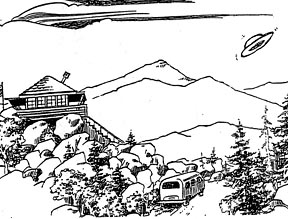 Northern California lookout near Yakama Indian Reservation, Washington, 1964.  Two hundred aerial craft sightings were reported by forest fire lookouts here in the 1970s. Drawing © 2001 by Jim Doerter.