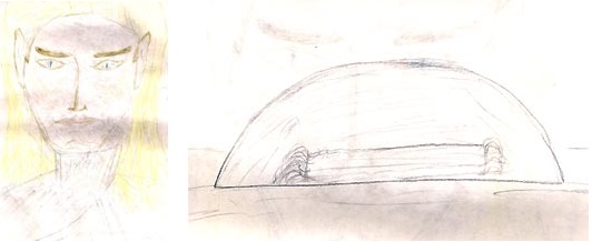 Drawings by Urandir Oliveira of the blond male being who met him inside the craft after his transport from his bedroom on September 15, 2002 and the cold "bubble" the blond being telepathically asked him to step into © 2003 by Earthfiles.com.