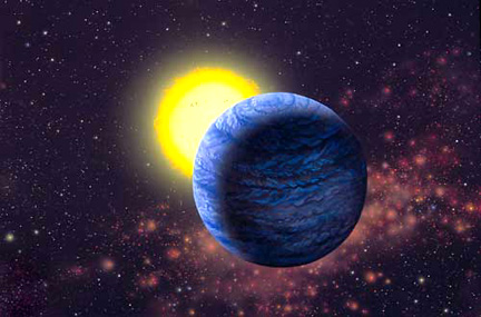 Star HD195019 is located in the constellation Delphinus. The large gaseous planet that orbits the star once every 18.3 days is estimated to have a mass equal to 3.5 Jupiters and is referred to as HD195019b. The planet is about .14 Astronomical Units from the star. One A. U. equals the mean distance from the Earth to the Sun, 93 million miles. Artwork © 1999 by Lynette Cook, used with artist's permission. http://www.spaceart.org/lcook/extraso2.html