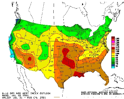 Map by the National Oceanic and Atmospheric Administration (NOAA) where red indicates highest temperatures projected for July 31 to August 4, 2001 after previous week of abnormally high temperatures. 