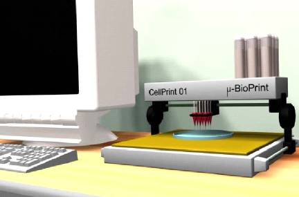 Ink jet printer modified to contain cells, proteins and other biological molecules,  instead of colored inks. The goal is to pinpoint specific biological units in precise X and Y  coordinates on plastic sheets to grow tissue, in the same manner that ink jet printers distribute dots  of color on paper. Photograph © 2003 by Thomas Boland, Ph.D., Clemson  University, Clemson, South Carolina.