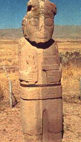 At the Lake Titicaca Tiahuanaco megalithic site, this statue of Viracocha was created in half red and half white stone representing the duality of day and night, dark and light in the cosmos, according to Brian Scott. Brian was also told that the red-haired extraterrestrials who abducted him in California were responsible for creating Viracocha, the great  Incan leader and example of a common man's transformation.  Photograph © 1976 by James E. Frazier.