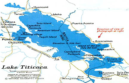 Lake Titicaca is the largest freshwater lake in South America, covering 3,100 square miles. In the southern half of Lake Titicaca are the Island of the Sun and the ancient, megalithic ruins of Tiahuanaco with its Portal of the Sun.