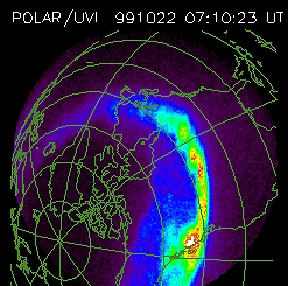 Image by the Ultraviolet Imager on NASA's Polar spacecraft showing UV emissions from aurora borealis during a strong geomagnetic storm, October 22, 1999. Courtesy NOAA Space Environment Center, Suitland, Maryland.