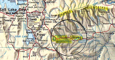 Between Strawberry Reservoir and Duchesne, Utah - marked in yellow - is the hilltop house of Kim and Sheila Peterson, retired, which faces the Uinta Mountains east of Salt Lake City.