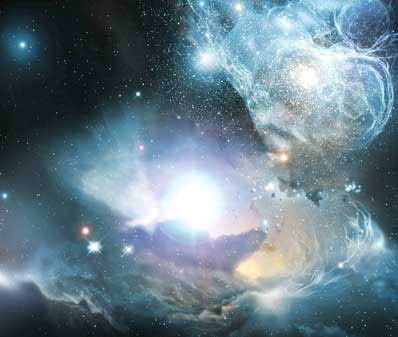 Artist's interpretation of a primordial quasar lighting up surrounding gases about   900 million years after the Big Bang. Source: European Space Agency and Wolfram Freudling, Space Telescope-European Coordinating Facility/European Southern Observatory, Garching, Germany.