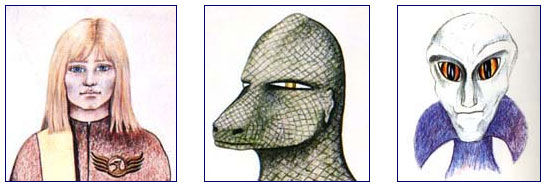 Drawings by human abductees after encounters with blond, lizard and big-nosed, cat-eyed grey non-humans. Source: Glimpses of Other Realities, Vol. I: Facts & Eyewitnesses © 1993 by Linda Moulton Howe.