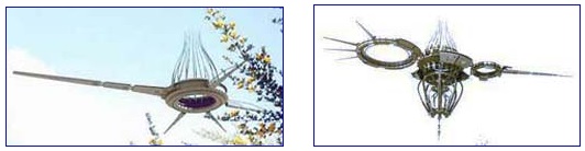 Left:  Dragonfly-shaped “drone” near Bakersfield, California, May 6, 2007, © by “Chad.”  Right:  More complicated “drone” at Big Basin Redwoods State Park northwest of Santa Cruz,  California, on June 5, 2007. Photograph © 2007 by “Ty B.” 