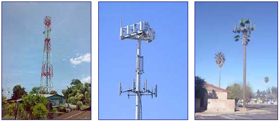 Left: microwave cell site tower in the Philippines. Middle: two cell sites on a single mast tower.  Right:  “Camouflaged” monopole microwave tower called a monopalm,  located in Tucson, Arizona. As of September 3, 2008, there are now 1,947,083 microwave towers and antennas in the United States. Images by Wikipedia.