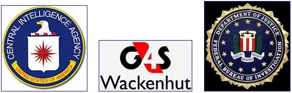 Central Intelligence Agency (CIA) seal, Wackenhut now as G4S logo, and the Federal Bureau of Investigation (FBI) seal