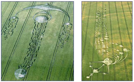 Left:  “Alien symbols” or “electrical grids” in South Field wheat near Alton Priors, Wiltshire, England, reported June 27, 2009. Aerial image © 2009 by Julian Gibsone. Right:  Milk Hill Summer Solstice crop formation that evolved in three parts: Part 1 reported on June 21; Part 2 reported on June 22; and Part 3 reported on June 30, was an addition of five, 700-foot-long lines of  “alien symbols.” Aerial image © 2009 by Lucy Pringle.  Images and information by:   Cropcircleconnector.
