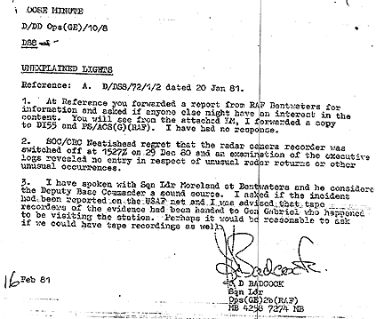 February 16, 1981, memo by UK Ministry of Defence Senior Leader, J. D. Badcock , that references radar camera recorder and audiotape record “evidence.” 