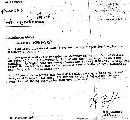 February 23, 1981, memo entitled, “Unexplained Lights” from R. C. Horsecraft about radioactivity measured in Rendlesham forest. Source: U.K.'s Ministry of Defence.