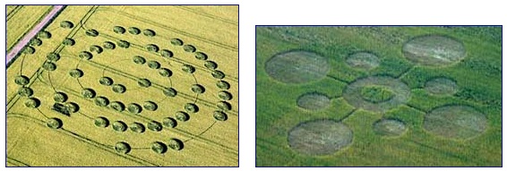 Left:  Yatesbury Field, Wiltshire, England, reported May 30, 2007, fifty-seven swirled barley circles in large spiral about 300 feet in diameter. Right: Madisonville, Tennessee, wheat pattern about 170 feet in diameter with crop laid down in counterclockwise circles discovered from airplane on May 15, 2007. U.K. aerial image © 2007 by Lucy Pringle. Tennessee aerial  © 2007 by Mark Boring, Co-owner and Editor, Monroe County Buzz.