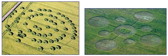 Left: Yatesbury Field, Wiltshire, England, reported May 30, 2007, fifty-seven swirled barley circles in large spiral about 300 feet in diameter. Right: Madisonville, Tennessee, wheat pattern about 170 feet in diameter with crop laid down in counterclockwise circles discovered from airplane on May 15, 2007. U.K. aerial image © 2007 by Lucy Pringle. Tennessee aerial © 2007 by Mark Boring, Co-owner and Editor, Monroe County Buzz.
