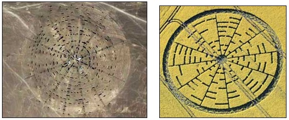 Left: Unusual feature in China's “Area 51” is a 12-spoke disc with large, white airplanes at the center about 9 miles (14 km) east of the “air strips” (image below). China disc image by Google Earth,  see coordinates in report below.  Right: Compare to 12-spoke crop formation that had  8-bit ASCII binary code reported May 22, 2010, in yellow flowering oilseed rape near the Wilton Windmill in Wiltshire, England. Aerial photograph © 2010 Lucy Pringle.