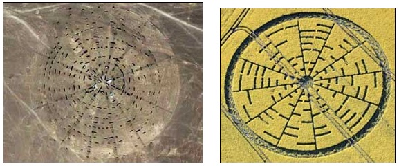 Left: Unusual feature in China's “Area 51” is a 12-spoke disc with large, white airplanes at the center about 9 miles (14 km) east of the “air strips” (image below). China disc image by Google Earth, see coordinates in report below. Right: Compare to 12-spoke crop formation that had 8-bit ASCII binary code reported May 22, 2010, in yellow flowering oilseed rape near the Wilton Windmill in Wiltshire, England. Aerial photograph © 2010 Lucy Pringle.
