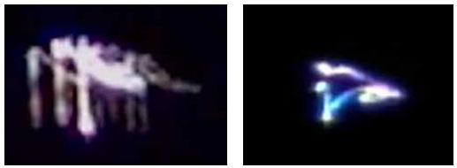 Left:  Unusual glowing, 3-D “insect”-shaped aerial object photographed October 3-4, 2011,  over Kansas City, Missouri.  Right: One of hundreds of “projected 3-D” glowing,  aerial images videotaped by David Caron above Stephenville, Texas, between 10:10 and 10:22 PM Central on January 19, 2008.