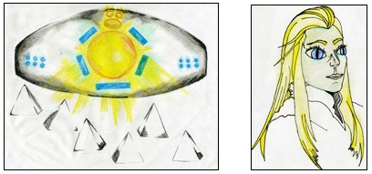 Left:  Huge aerial craft hovering in front of C. A.'s car on Legacy Parkway west of Bountiful, Utah.   Right:  Cat-eyed blond being in C.A.'s vivid dreams since December 13, 2011, craft encounter, physical re-location from highway to highway and missing time. Illustrations © 2012 by “C. A.”