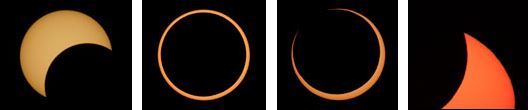 L-R: Moon half way across sun near 7 PM Mountain in Albuquerque, New Mexico, on Sunday, May 20, 2012. By 7:33 PM Mtn, the perfect annular eclipse ring of the sun surrounded the moon for 4.5 minutes. Then the ring broke as the moon continued moving. Finally by 8:20 PM Mtn, the sun set as a red-orange “shark's tail,” before the moon had fully passed to the sun's other side. All images © 2012 by Jon Abbott.