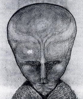 Drawing by Aleister Crowley of “Lam, an extraterrestrial” after alleged 1919 contact, as reprinted in The Magical Revival © 1991 by Kenneth Grant.