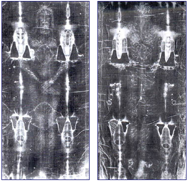 Left top is front negative image on Shroud of Turin; Right top is back negative image on Shroud. Left below is front positive image on Shroud of Turin; Right below is back positive image on Shroud.