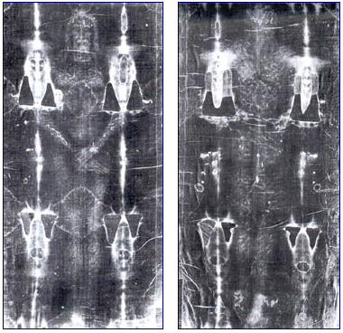 Left top is front negative image on Shroud of Turin; Right top is back negative image on Shroud.  Left below is front positive image on Shroud of Turin; Right below is back positive image on Shroud.