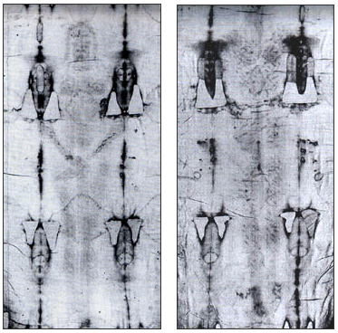 The Shroud is a linen cloth that for centuries has been purported to be the burial shroud of Jesus Christ. The linen measures 14 feet 3 inches long and 3 feet 7 inches wide . There are two faint brownish-yellow images, those of the back and front of a 5-foot 7-inch man. The Shroud has been preserved since 1694 in the royal chapel of the Cathedral of San Giovanni Battista in Turin, Italy. Positive and negative photographs were taken in 1898 by Secondo Pia.
