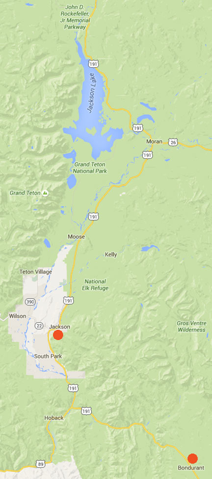 Bondurant, Wyoming (lower right red circle), and the McNeel Elk Feedground are about 34 miles from Jackson, Wyoming.