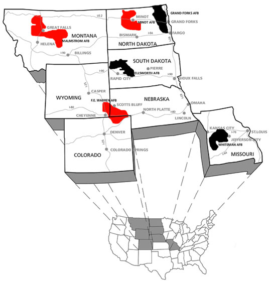 Red sites include Malmstrom AFB in Great Falls, Montana; Minot AFB in Minot, North Dakota; F. E. Warren AFB in Cheyenne, Wyoming, and Scotts Bluff, Nebraska. The black sites include Whiteman AFB in Knob Noster, Missouri; Ellsworth AFB in Rapid City, South Dakota; and Grand Forks AFB in Grand Forks, North Dakota. The black sites were decommissioned in the 1990s after the Strategic Arms Reduction Treaty of 1991. Image source: MinotB52ufo.com.