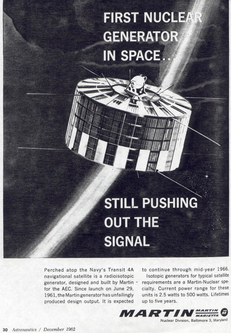 Transit 4A, launched June 29, 1961, was the first satellite to use a radioactive power source (a SNAP-3). Transit 4B (1961) also had a SNAP-3 RTG. Transit 4B was among several satellites which were inadvertently damaged or destroyed in a nuclear explosion, specifically the United States Starfish Prime high-altitude nuclear test on July 9, 1962 and subsequent radiation belt. Astronautics, December 1962.