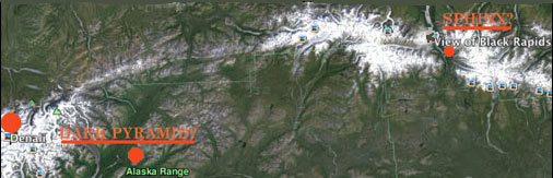 Alleged large underground “Dark Pyramid” 60 miles west of Mt. Denali (McKinley) is 120 miles southwest of alleged Sphinx seen on Castner Glacier near Black Rapids, Alaska. See archived 2012 Earthfiles “Dark Pyramid” reports beginning here.