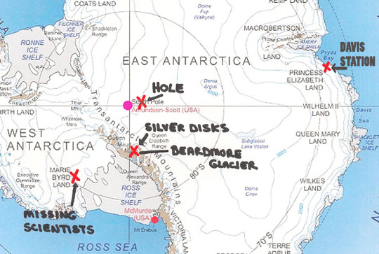 The No Fly Zone's big hole (red X Hole) in the ice was only about 5-10 miles from the geographic South Pole (pink circle at crosshairs). Three more hours by air beyond the South Pole is the Australian Davis Station.