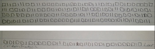 February 18, 2016 – 5 new lines of squares and ones in Sgt. C. J.'s notebook followed by the words “lost concentration.”